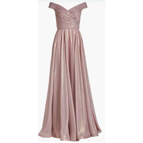 NWT La Femme Iridescent Off the Shoulder Chiffon Gown sz 14 - Picture 8 of 9